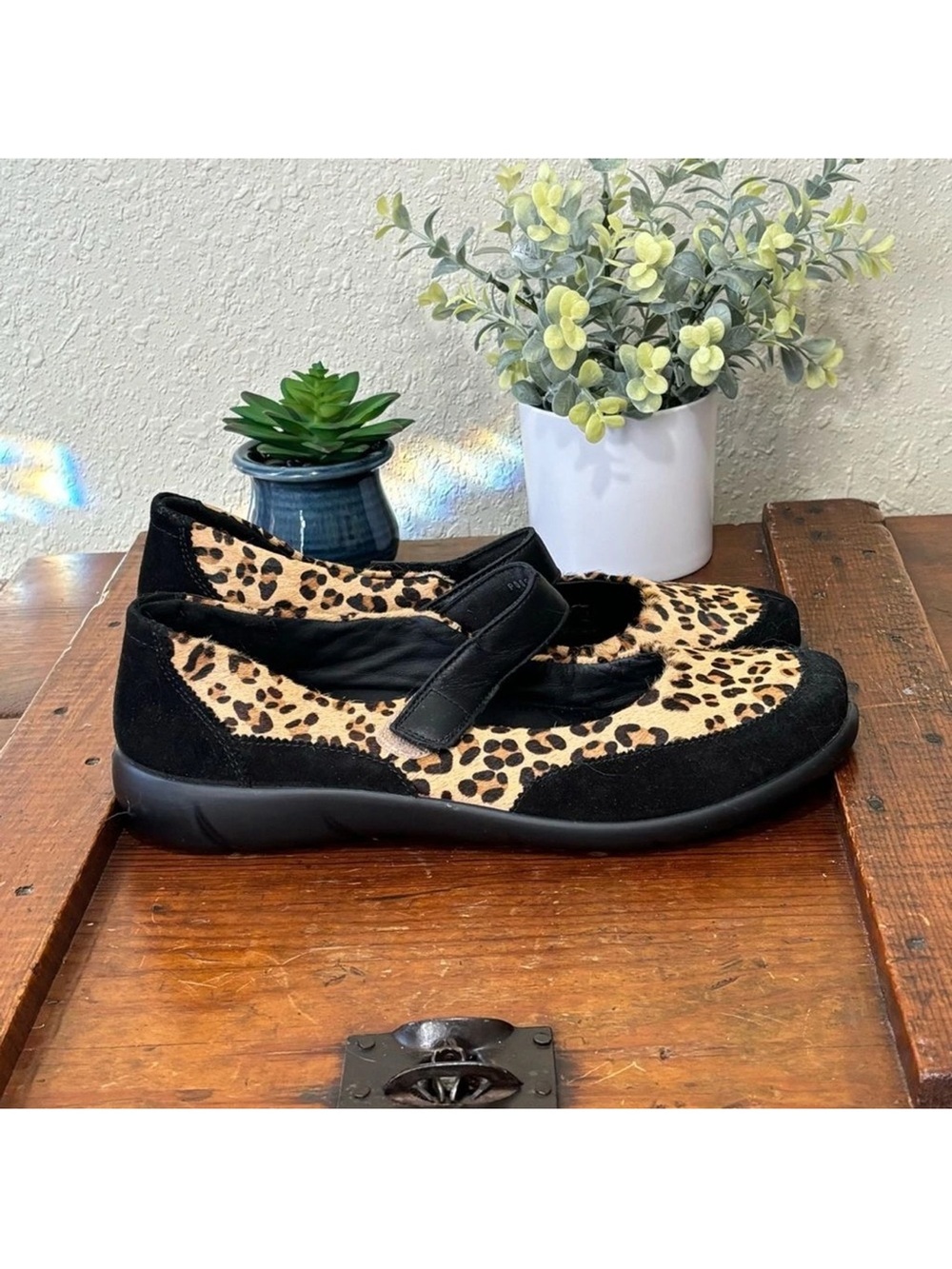 Hotter Women's Hope Mary Jane Black Suede Leopard Fur Calf Hair Women’s 7.5